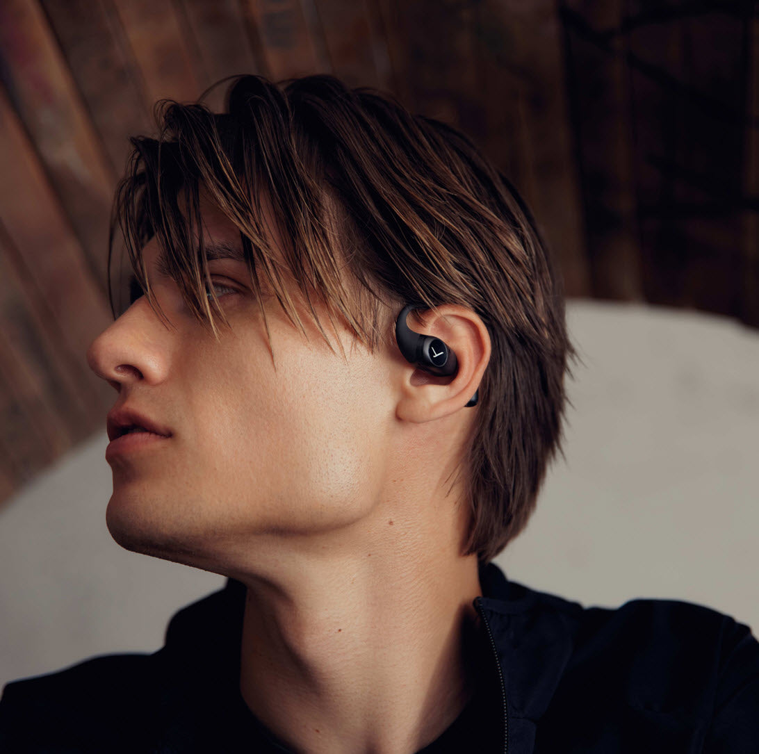 Open true wireless black earphones