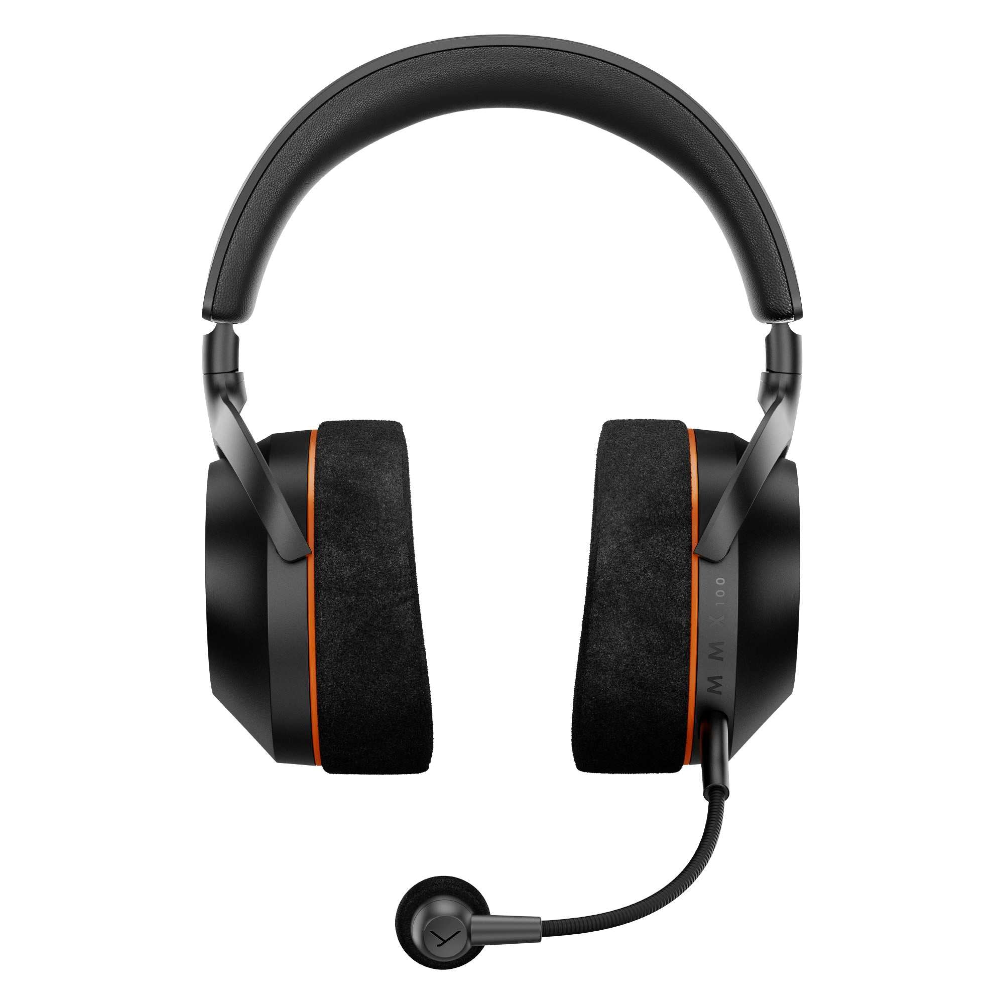 Black over-ear gaming headphones with a flexible boom microphone, featuring textured ear cushions and thin orange accent lines, shown against a solid white background.