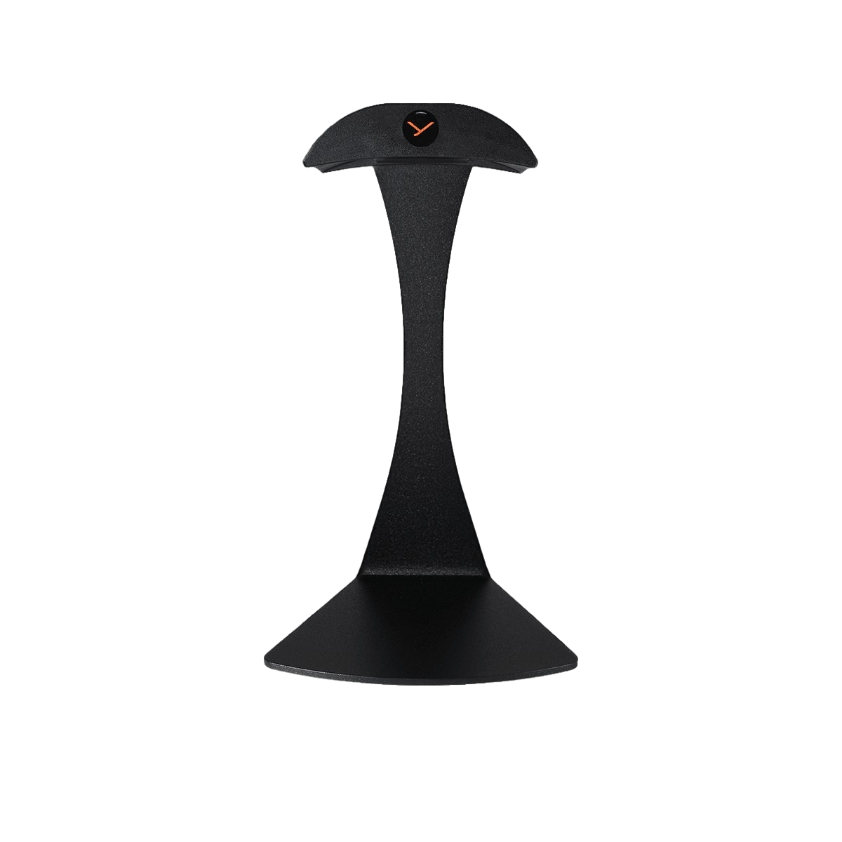 Black stand with a circular base and pointed top to store a headphone