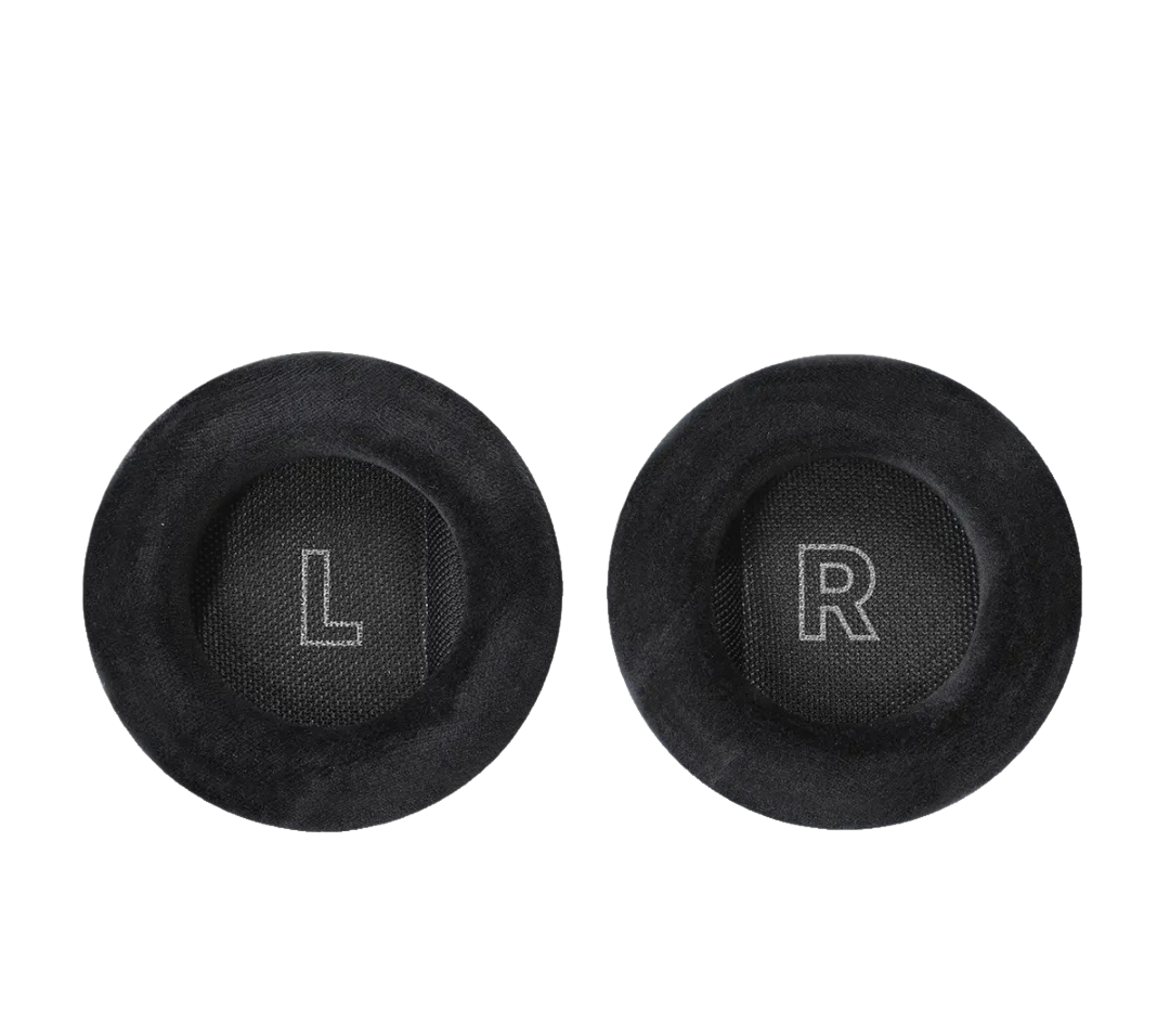 A pair of black circular ear cup replacement pads for headphones, with 'L' and 'R' markings on the mesh centers, shown on a plain white background.