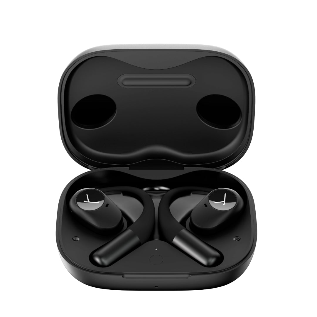 Open true wireless black earphones