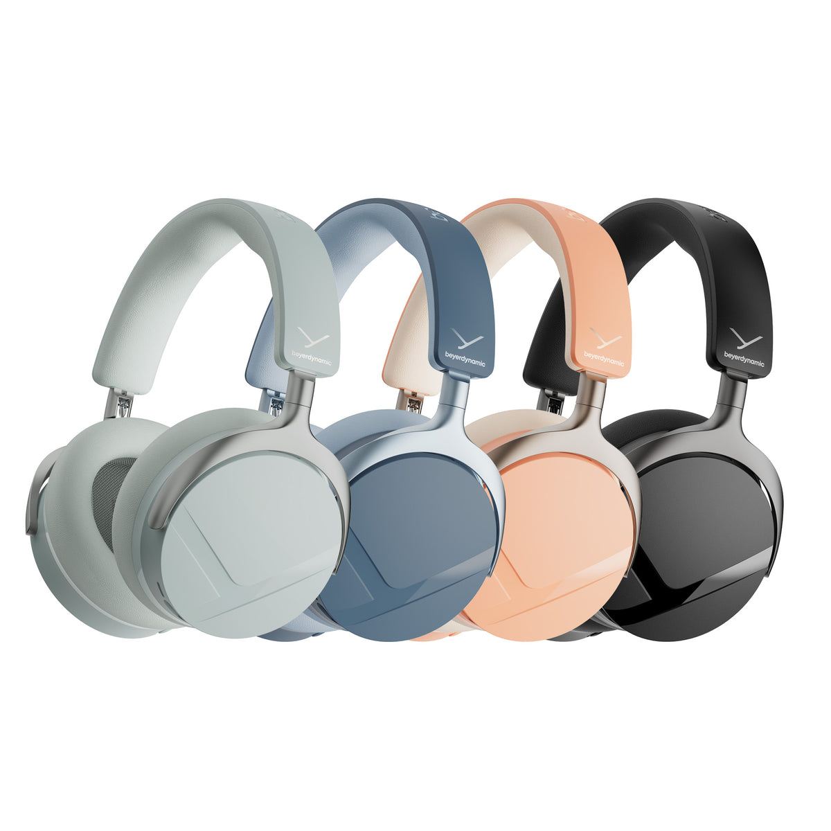 Four pairs of over-ear wireless headphones in different colors, 
