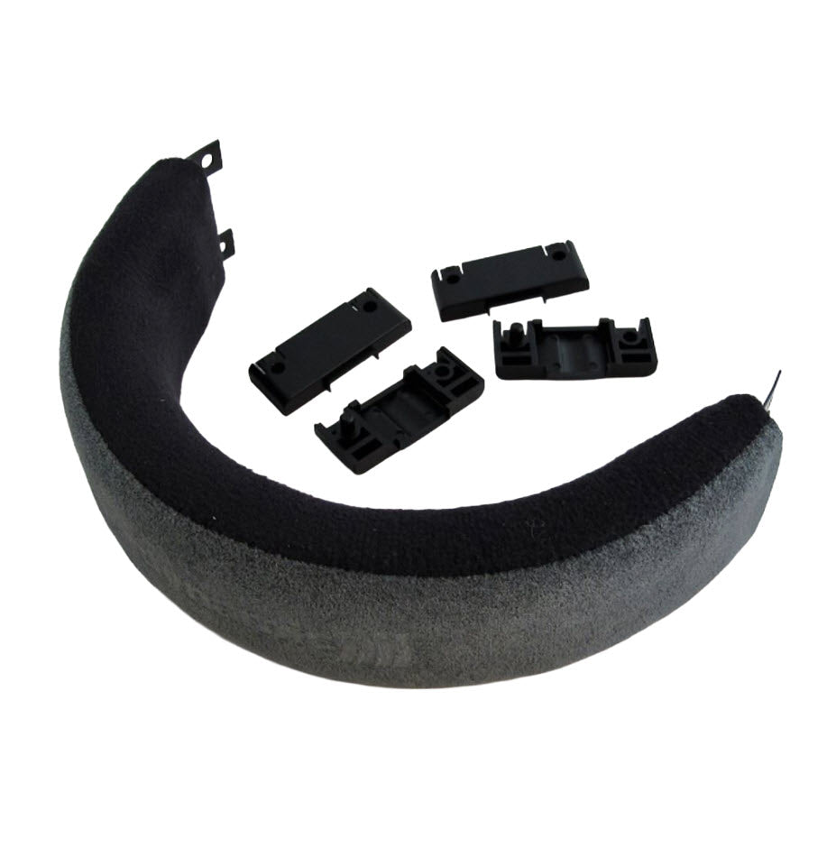 A curved black foam headrest replacement part with a textured gray fabric outer layer and four small black plastic mounting clips.
