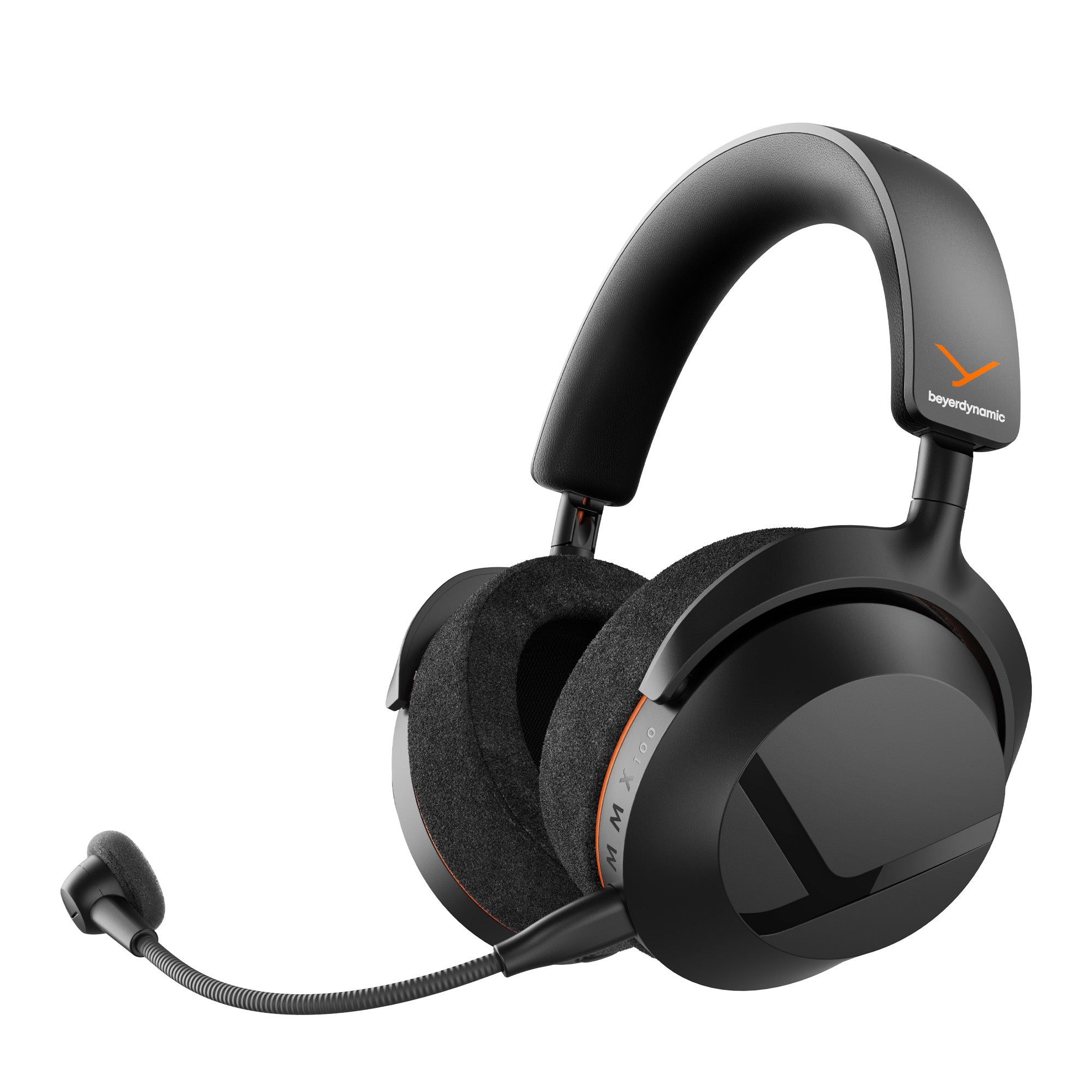 A black over-ear gaming headset with a flexible boom microphone, featuring the beyerdynamic Y logo in orange on the headband and subtle orange accents on the ear cups.
