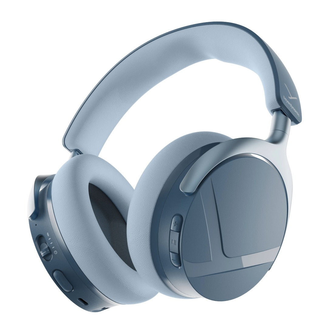 Blue over-ear wireless headphones with a matching padded headband, with ANC.