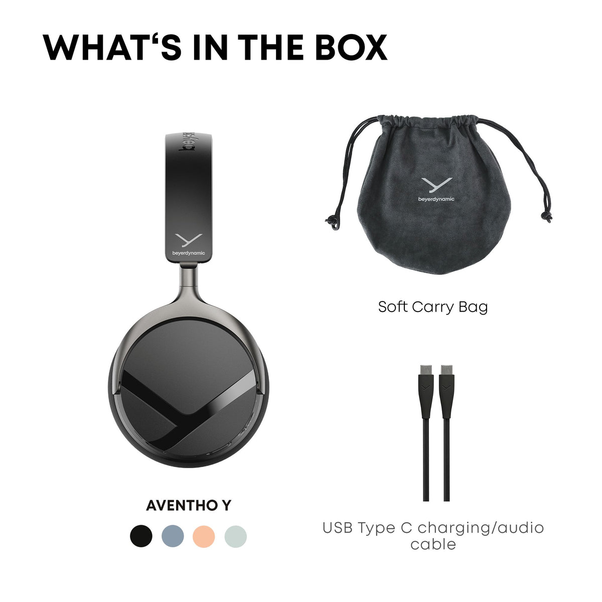 Aventho Y over-ear headphones shown with included accessories 