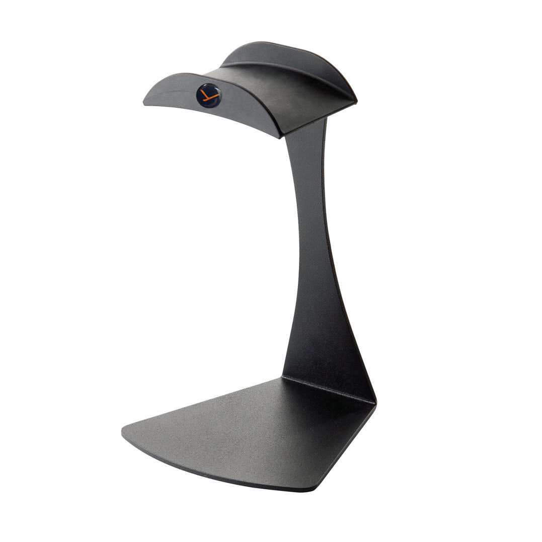 A black metal universal headphone stand with a rubber-coated headband holder and a flat base.