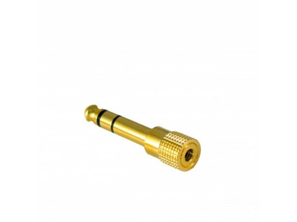 A gold-colored pluggable jack adaptor with a 3.5mm to 6.3mm non-screw adaptor design.